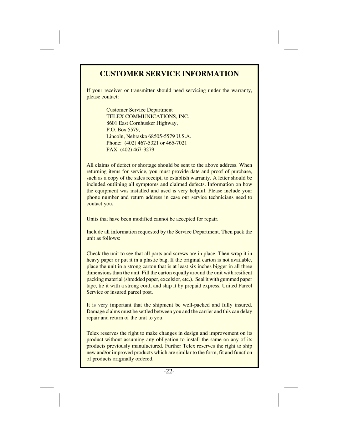 Telex USR-100 operating instructions Customer Service Information 