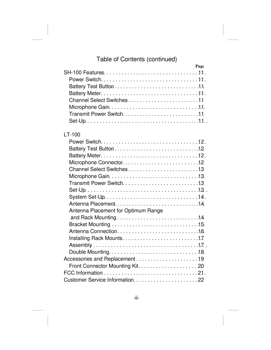 Telex USR-100 operating instructions Table of Contents 