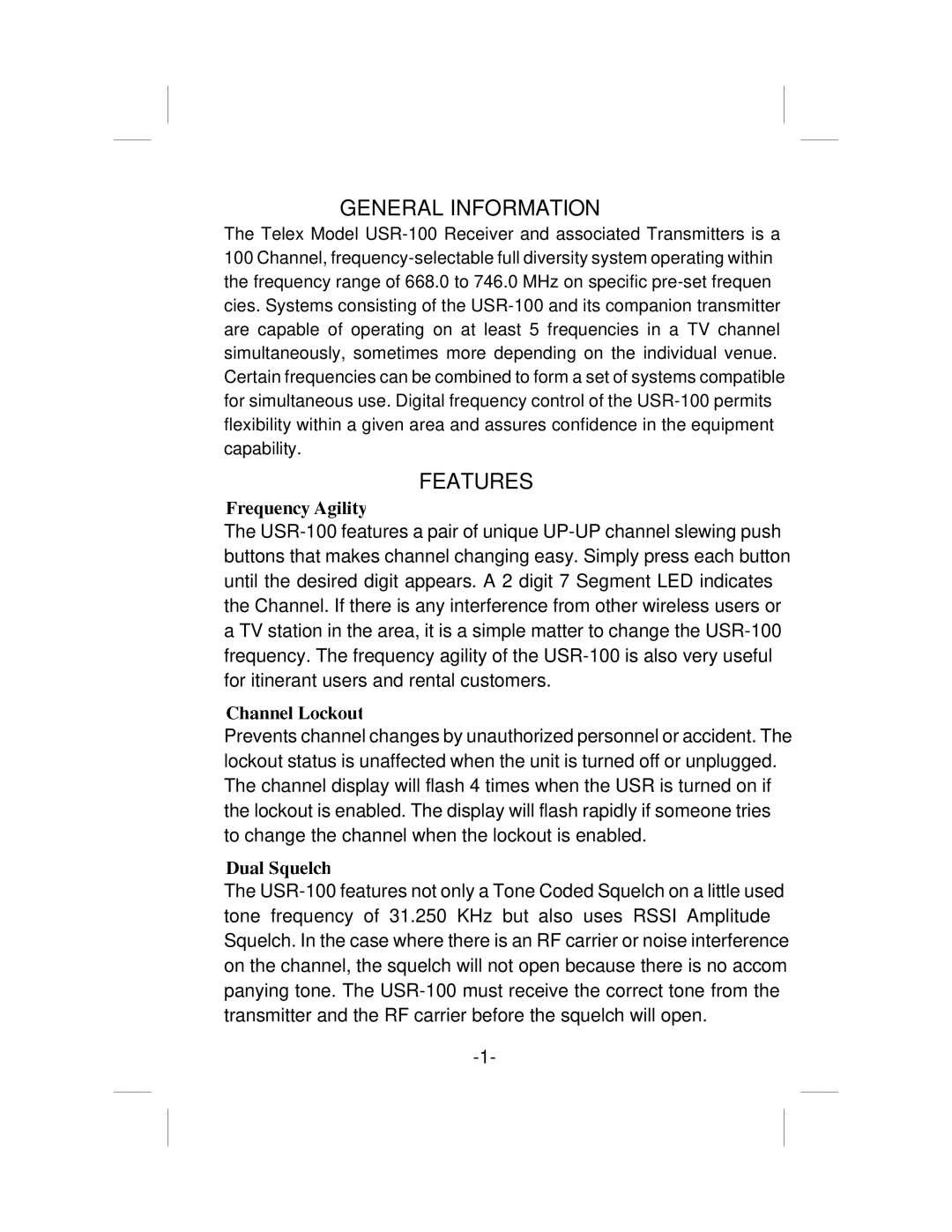 Telex USR-100 operating instructions General Information 