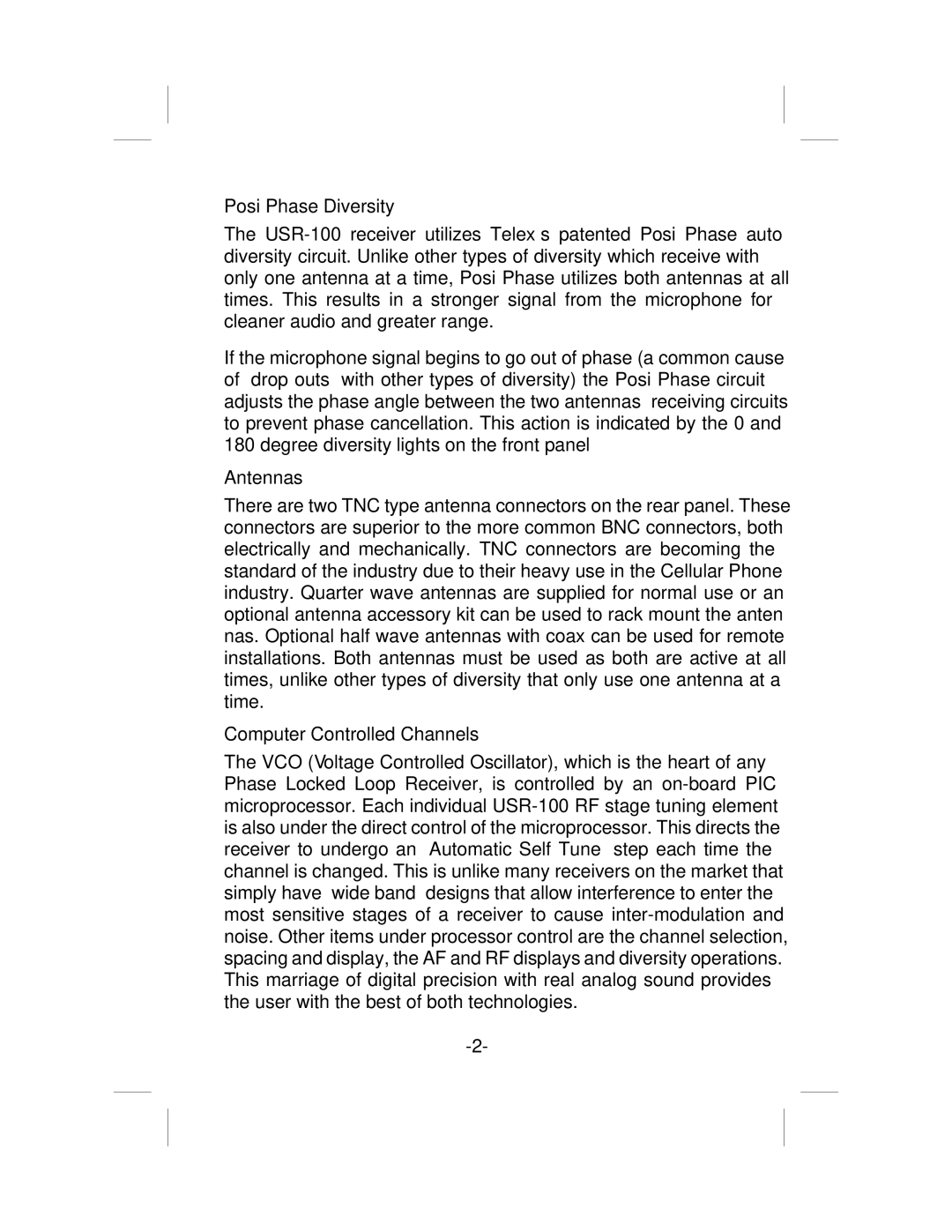 Telex USR-100 operating instructions Posi Phase Diversity, Antennas, Computer Controlled Channels 