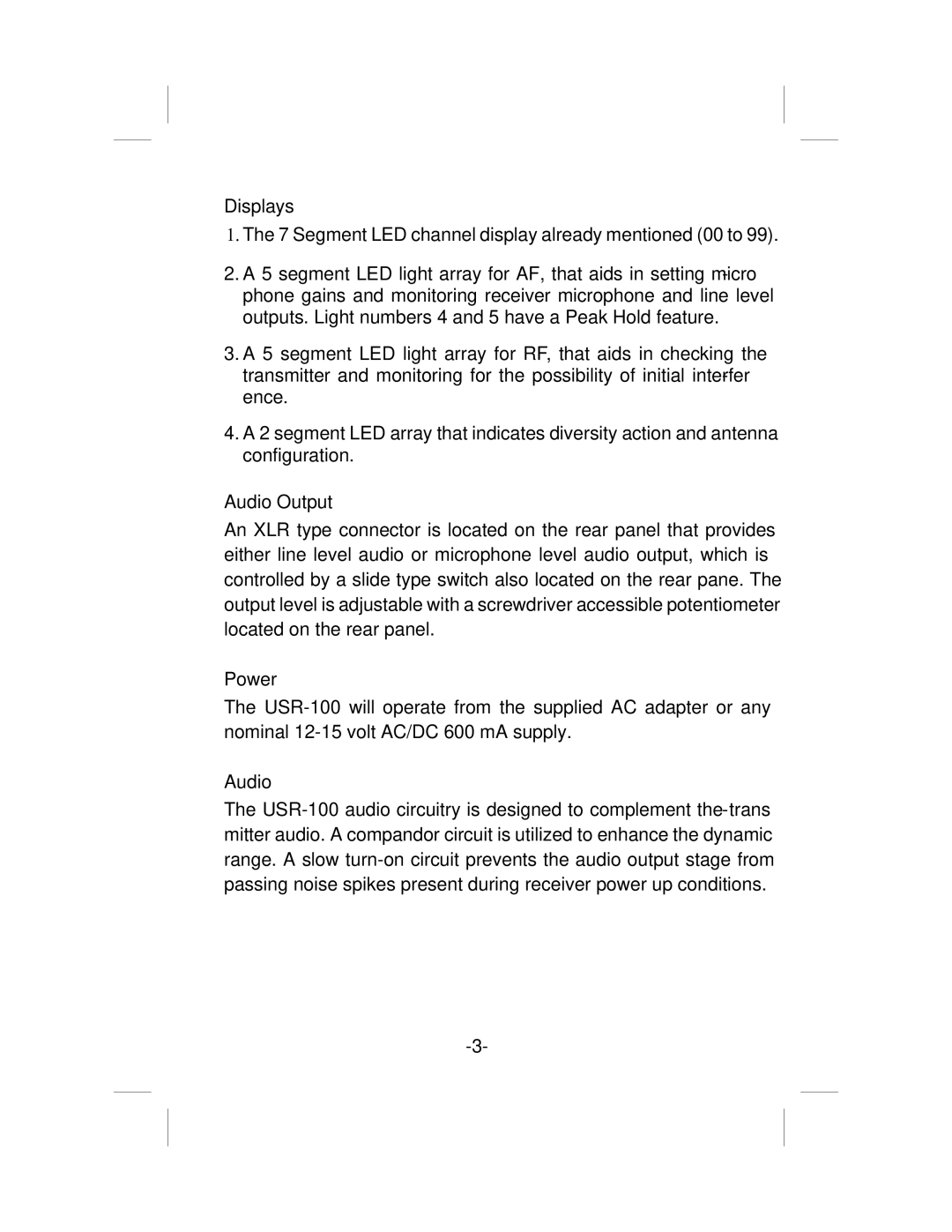 Telex USR-100 operating instructions Displays, Audio Output, Power 