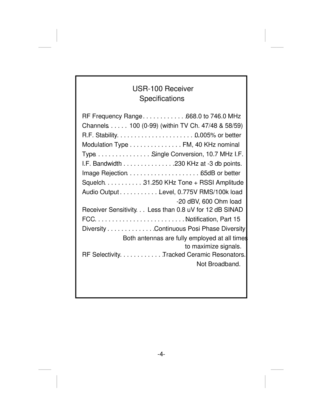 Telex operating instructions USR-100 Receiver Specifications 