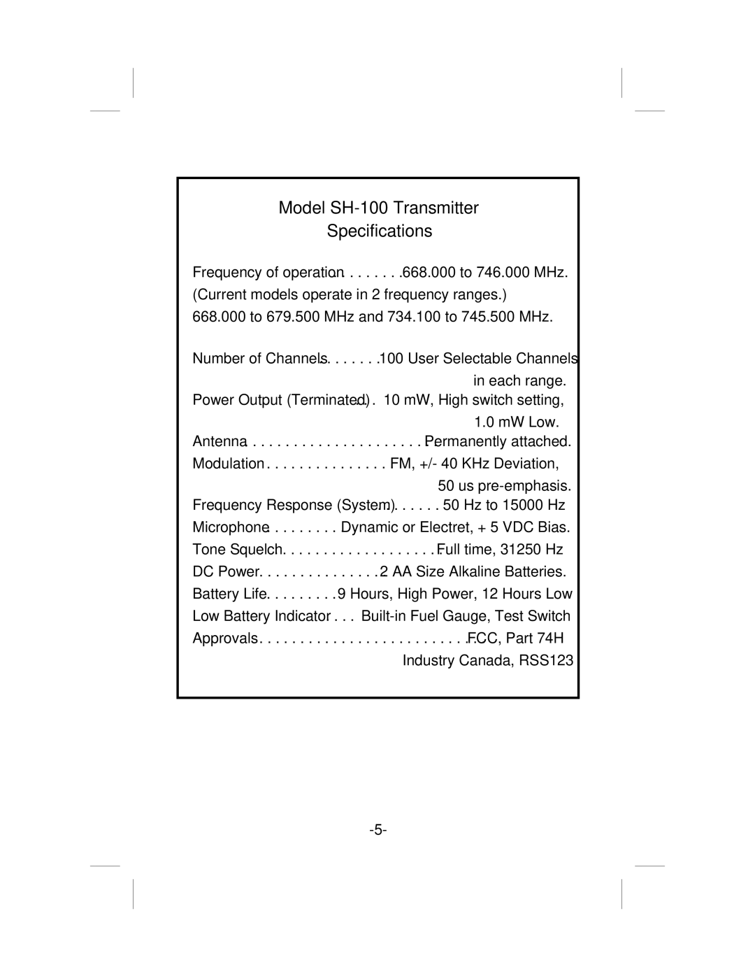 Telex USR-100 operating instructions Model SH-100 Transmitter Specifications 