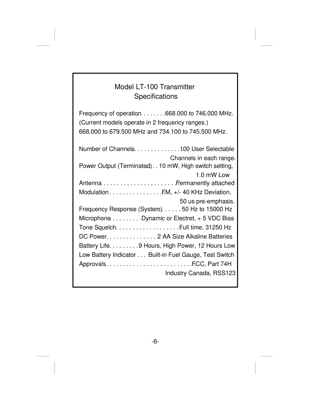 Telex USR-100 operating instructions Model LT-100 Transmitter Specifications 