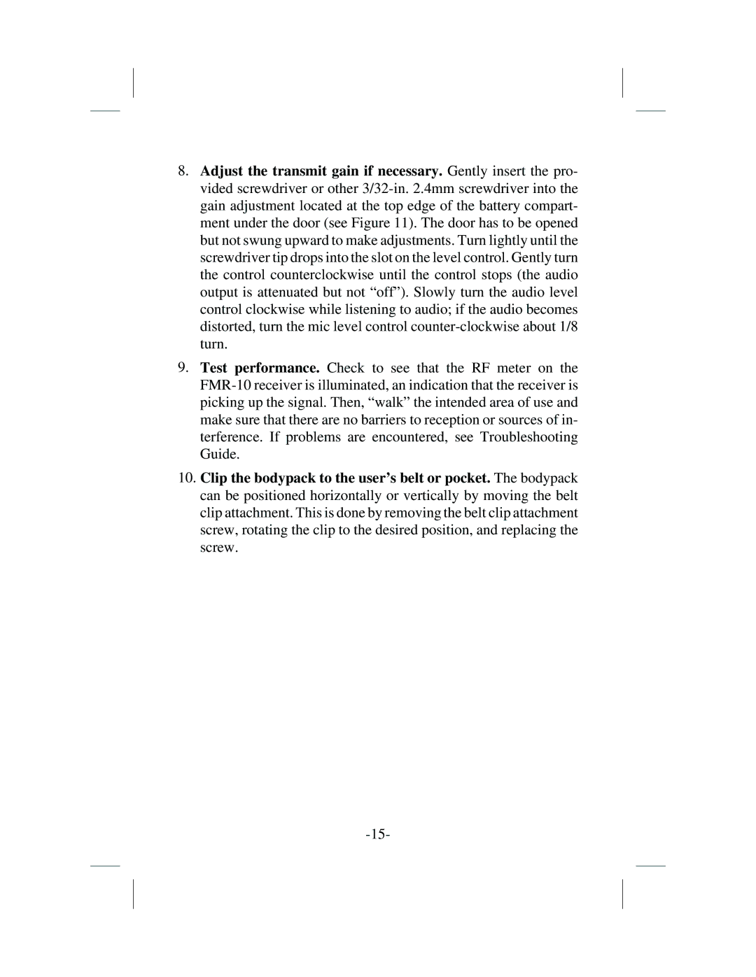 Telex FMR-10, WT-10 operating instructions 