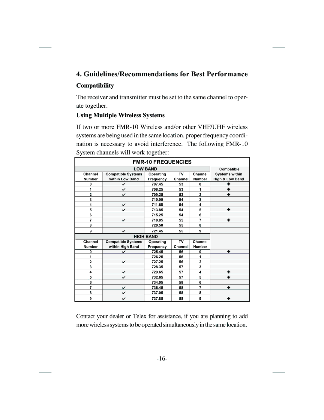 Telex WT-10, FMR-10 Guidelines/Recommendations for Best Performance, Compatibility, Using Multiple Wireless Systems 