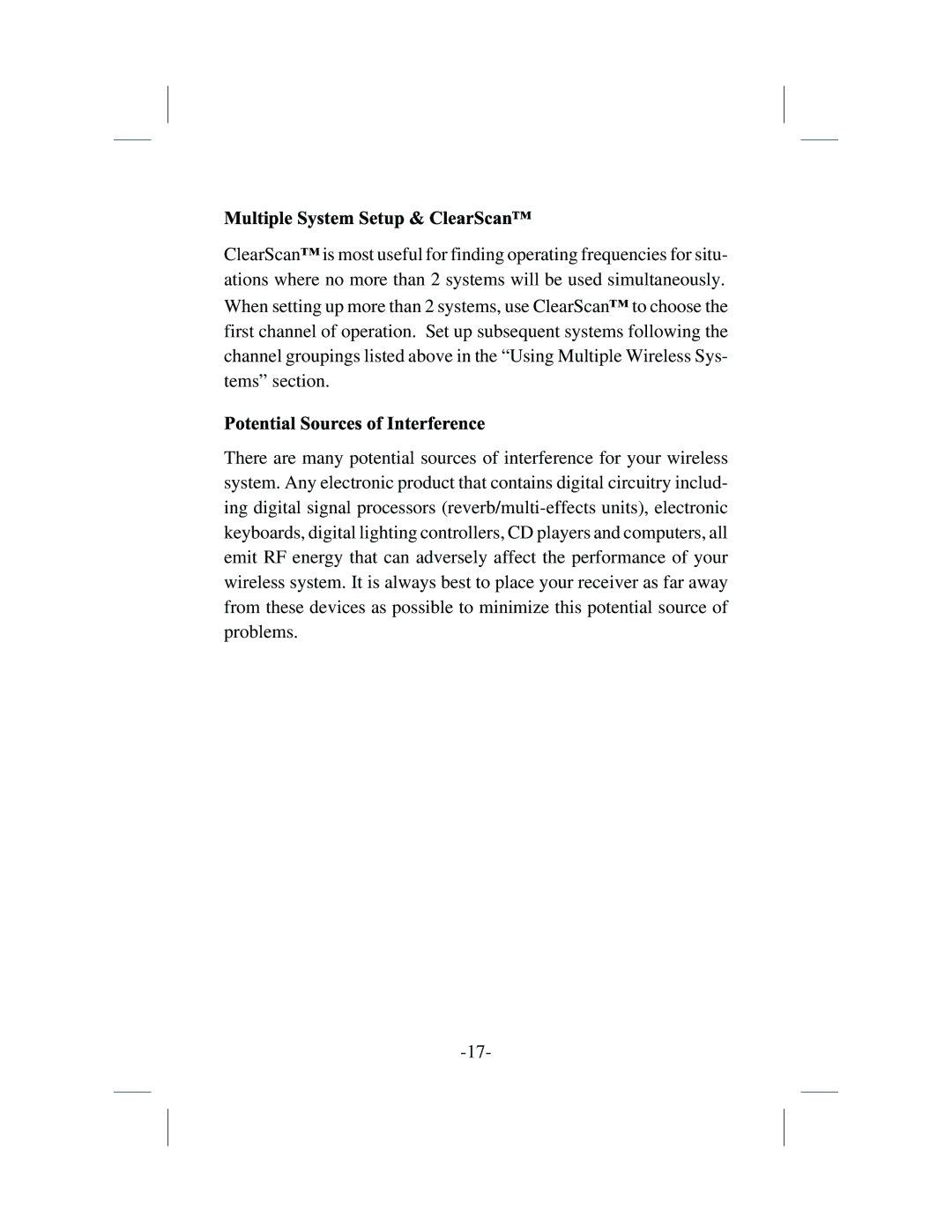 Telex FMR-10, WT-10 operating instructions Multiple System Setup & ClearScan, Potential Sources of Interference 