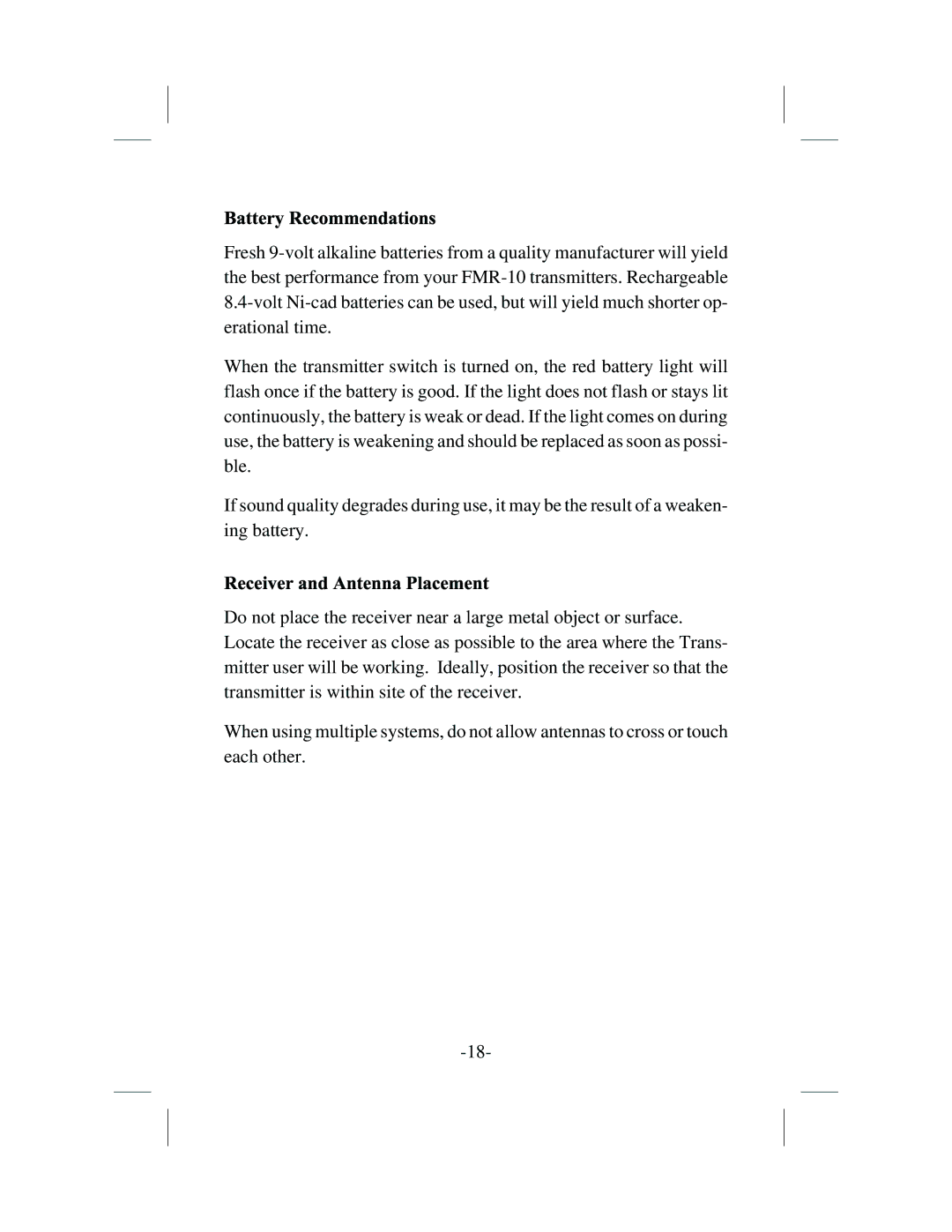 Telex WT-10, FMR-10 operating instructions Battery Recommendations, Receiver and Antenna Placement 