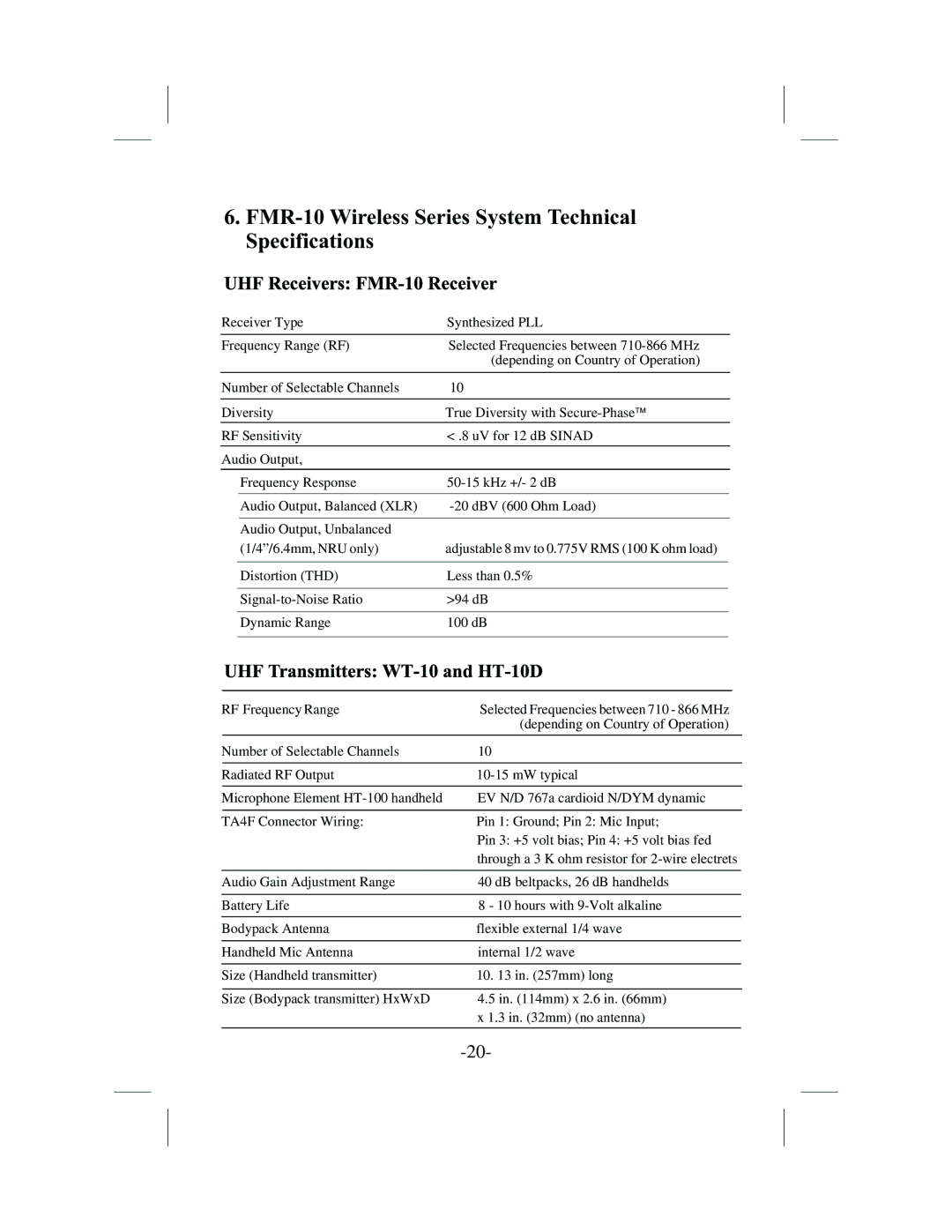 Telex WT-10 operating instructions FMR-10 Wireless Series System Technical Specifications, UHF Receivers FMR-10 Receiver 