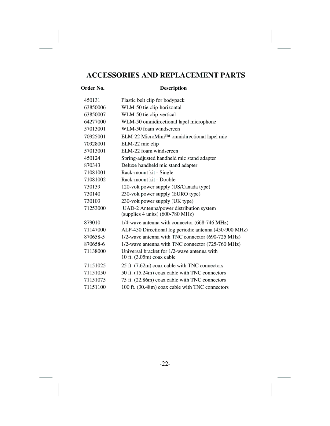 Telex WT-10, FMR-10 operating instructions Accessories and Replacement Parts 