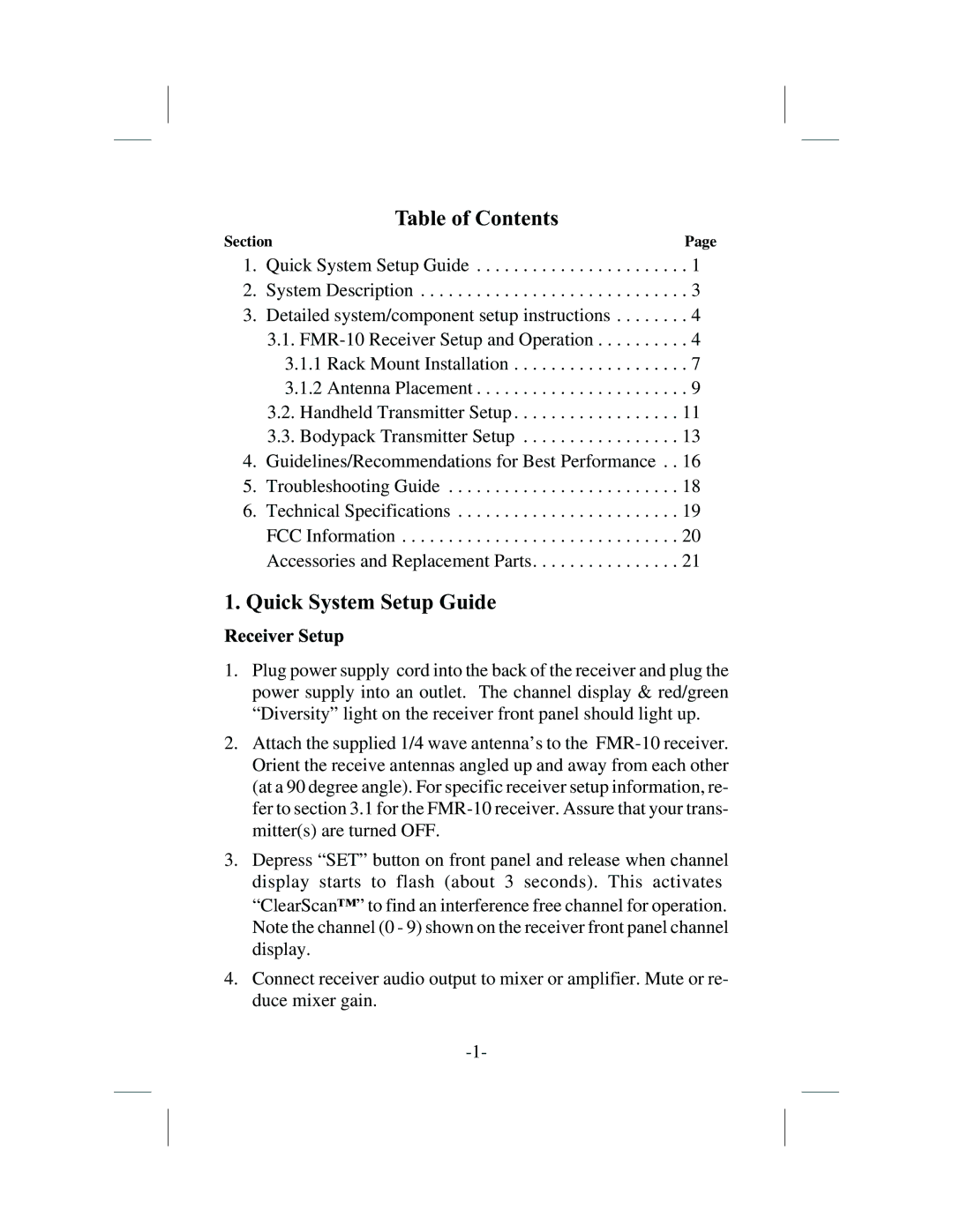 Telex FMR-10, WT-10 operating instructions Table of Contents, Quick System Setup Guide 