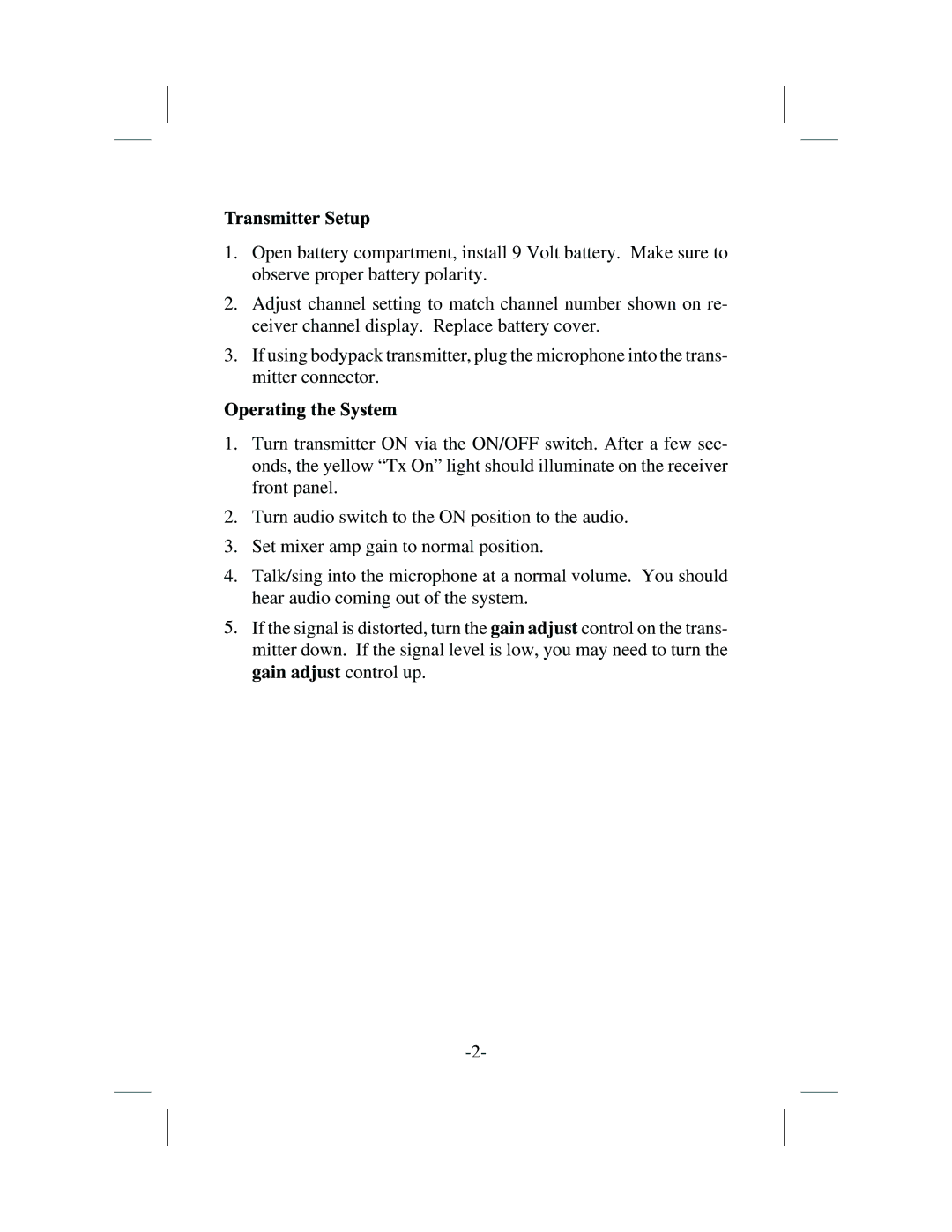 Telex WT-10, FMR-10 operating instructions Transmitter Setup, Operating the System 