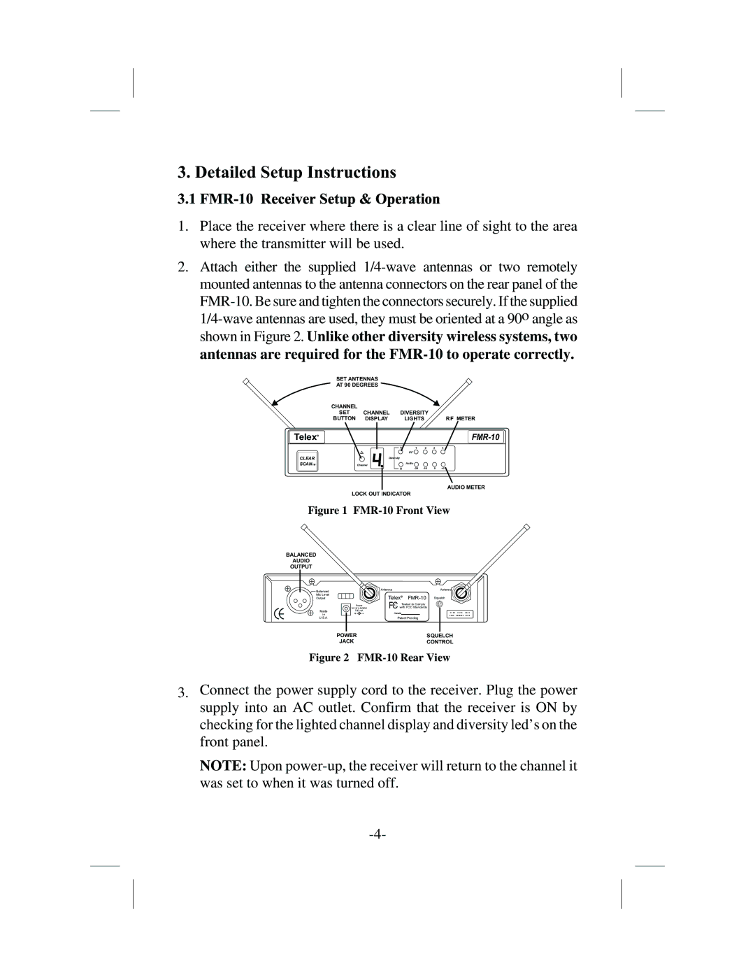 Telex WT-10 operating instructions Detailed Setup Instructions, FMR-10 Receiver Setup & Operation 