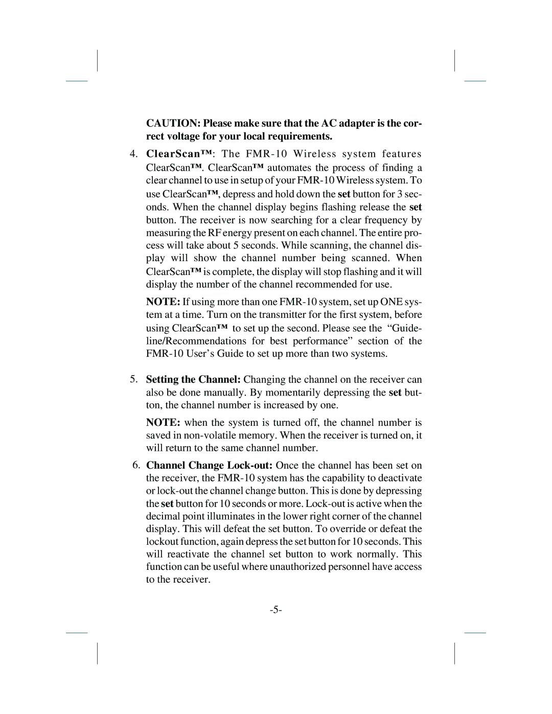 Telex FMR-10, WT-10 operating instructions 