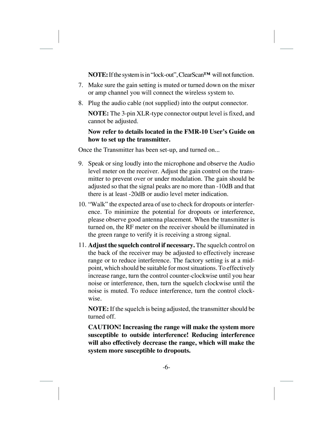 Telex WT-10, FMR-10 operating instructions 