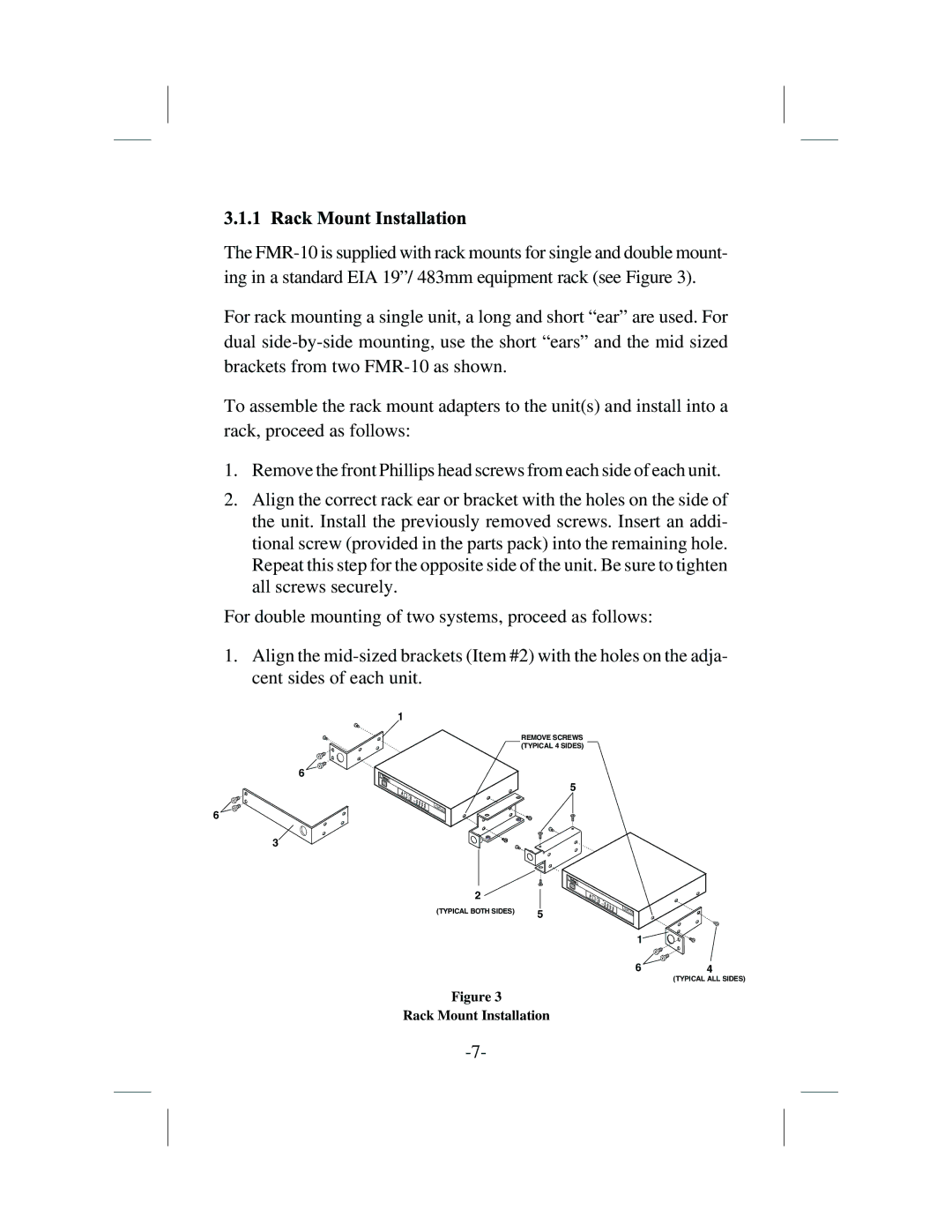 Telex FMR-10, WT-10 operating instructions Rack Mount Installation 