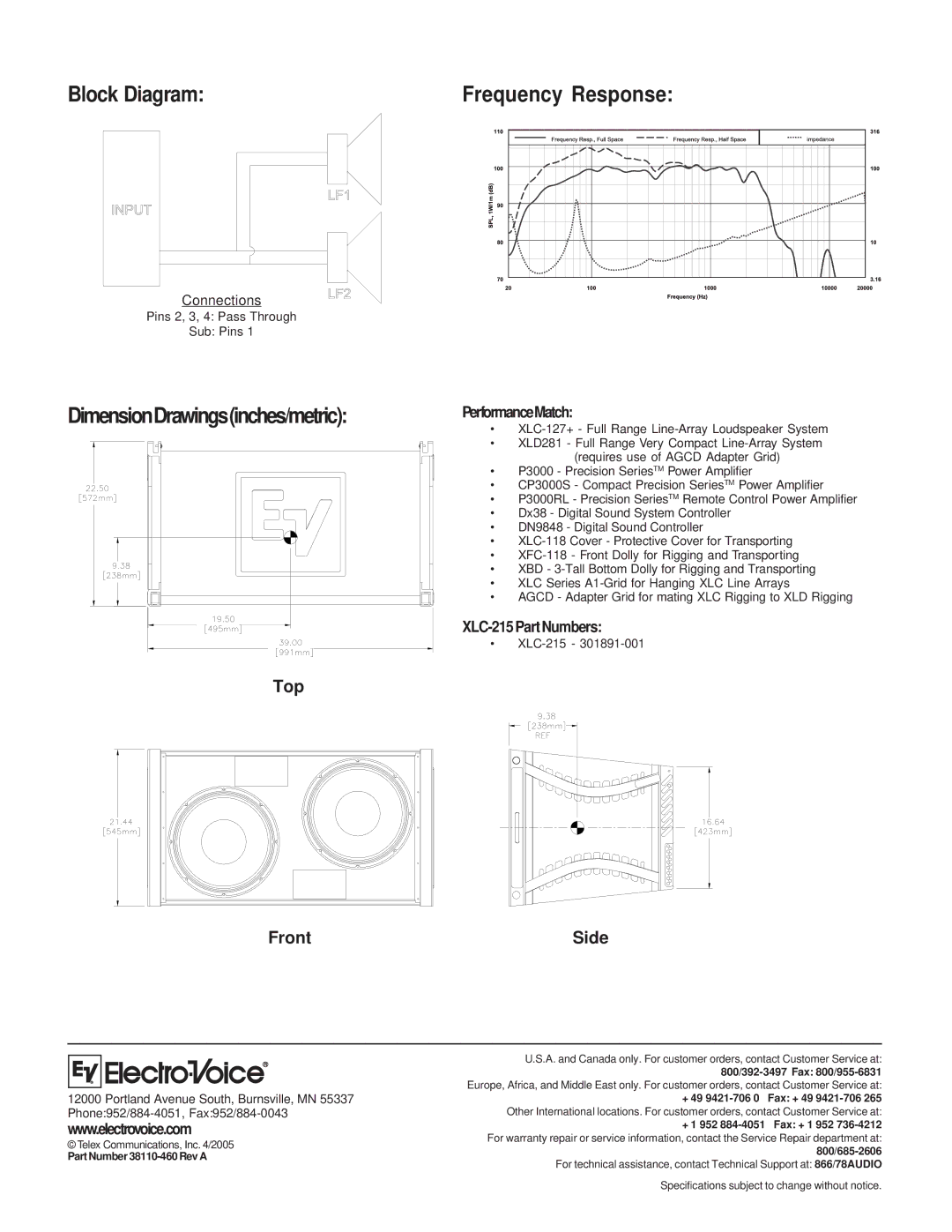 Telex XLC-215 technical specifications Block Diagram Frequency Response, DimensionDrawingsinches/metric, Top, Front 