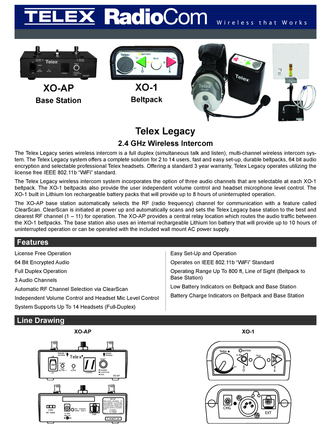 Telex XO-AP warranty XO-1, Telex Legacy, Features, Line Drawing 