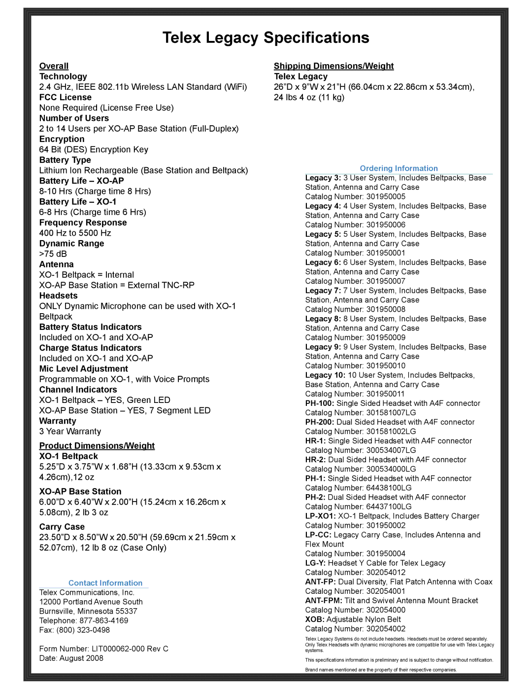 Telex XO-1, XO-AP warranty Telex Legacy Specifications 