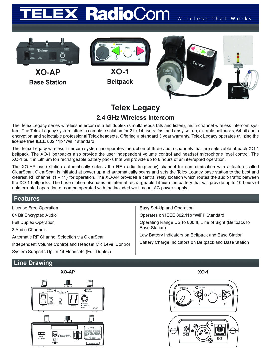 Telex XO-AP warranty Xo-Ap, XO-1, Telex Legacy, GHz Wireless Intercom, Features, Line Drawing, Base Station, Beltpack 