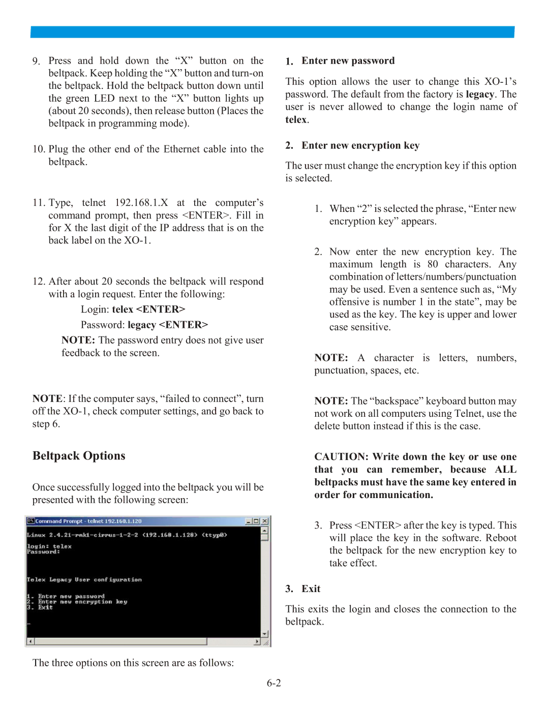 Telex XO-AP  XO-1 manual Beltpack Options, Login telex Enter Password legacy Enter 
