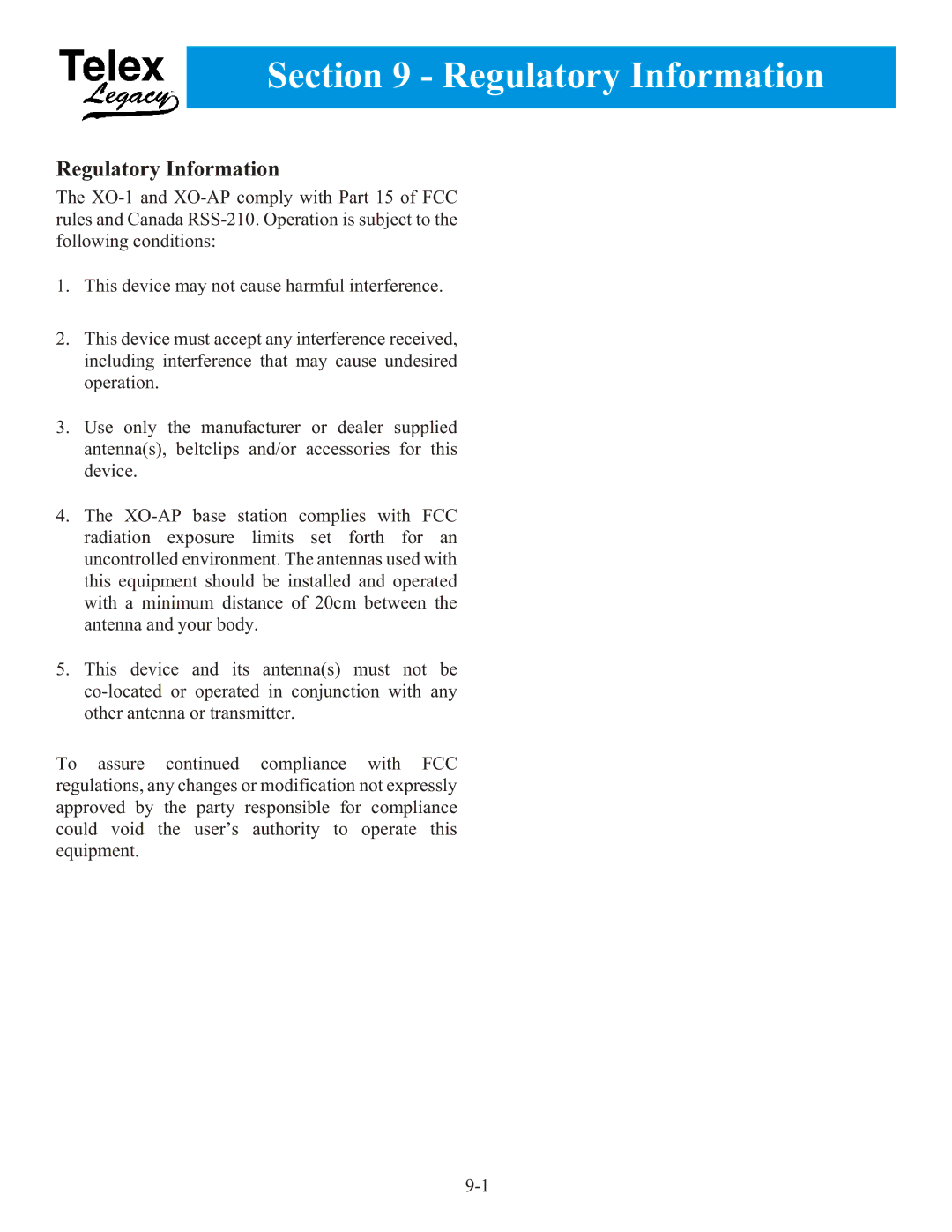 Telex XO-AP  XO-1 manual Regulatory Information 