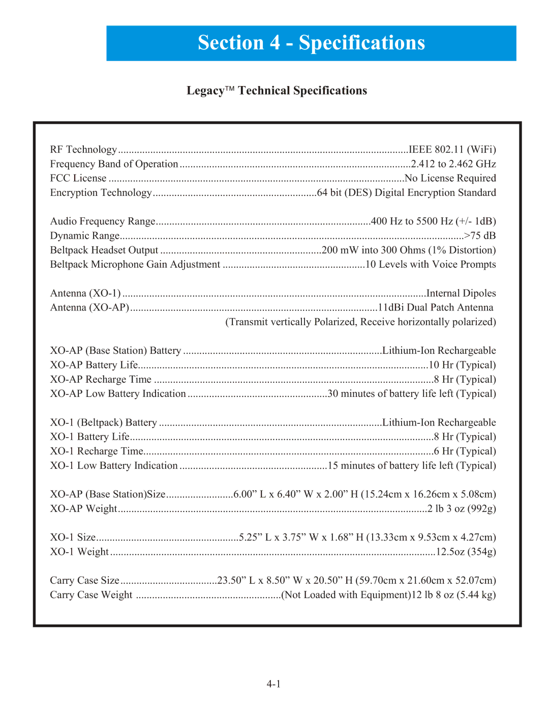 Telex XO-AP  XO-1 manual Legacyä Technical Specifications 