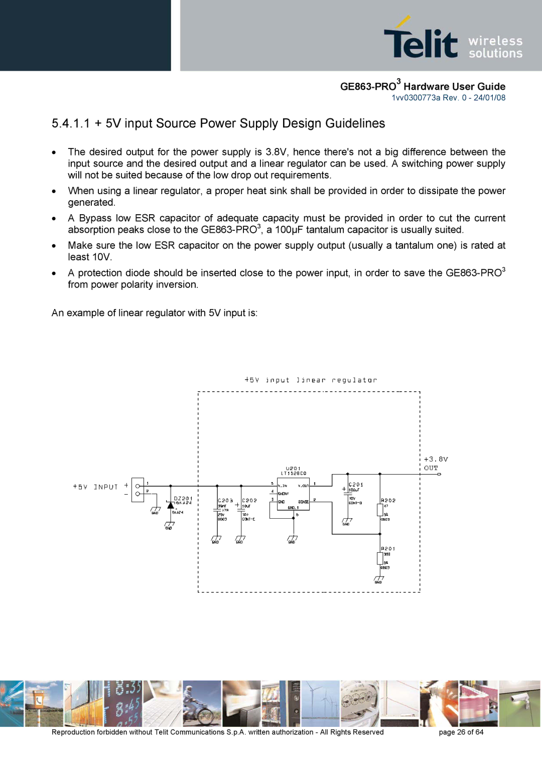 Telit Wireless Solutions 1vv0300773a manual 1.1 + 5V input Source Power Supply Design Guidelines 