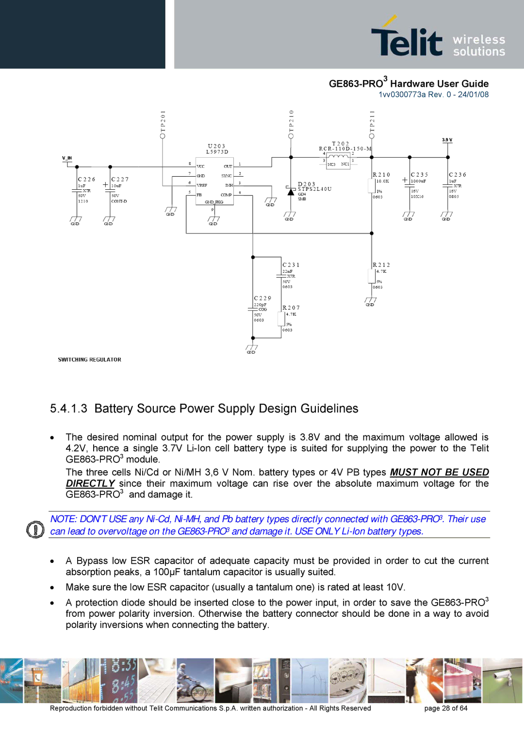 Telit Wireless Solutions 1vv0300773a manual Battery Source Power Supply Design Guidelines 