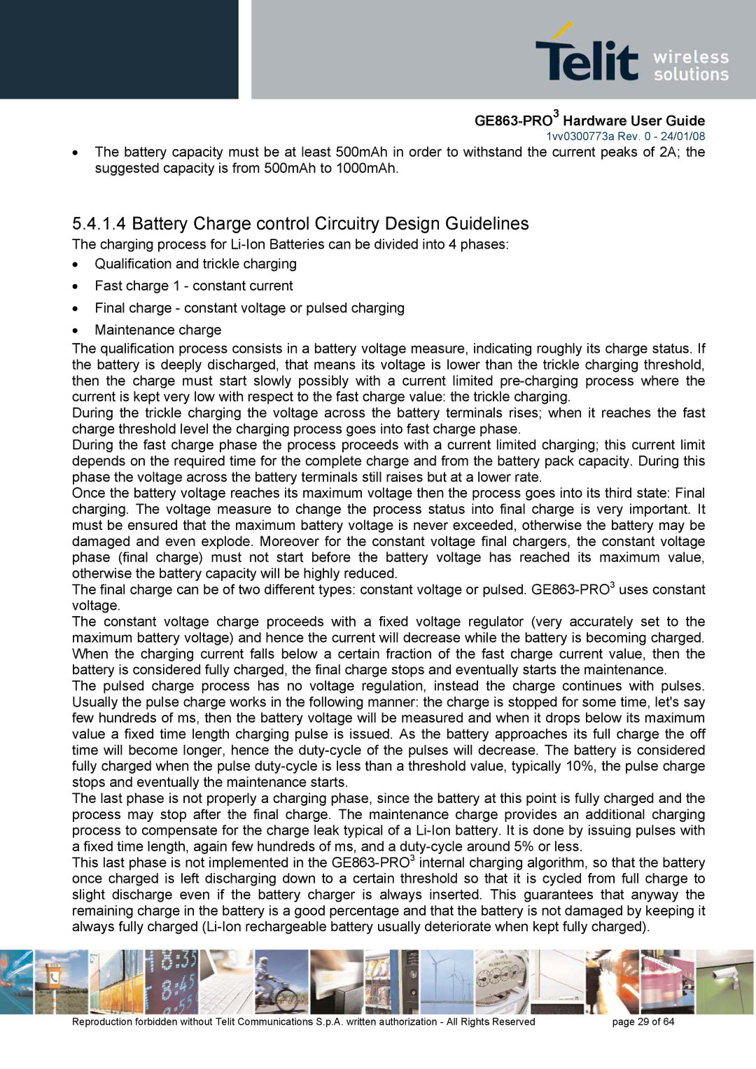 Telit Wireless Solutions 1vv0300773a manual Battery Charge control Circuitry Design Guidelines 