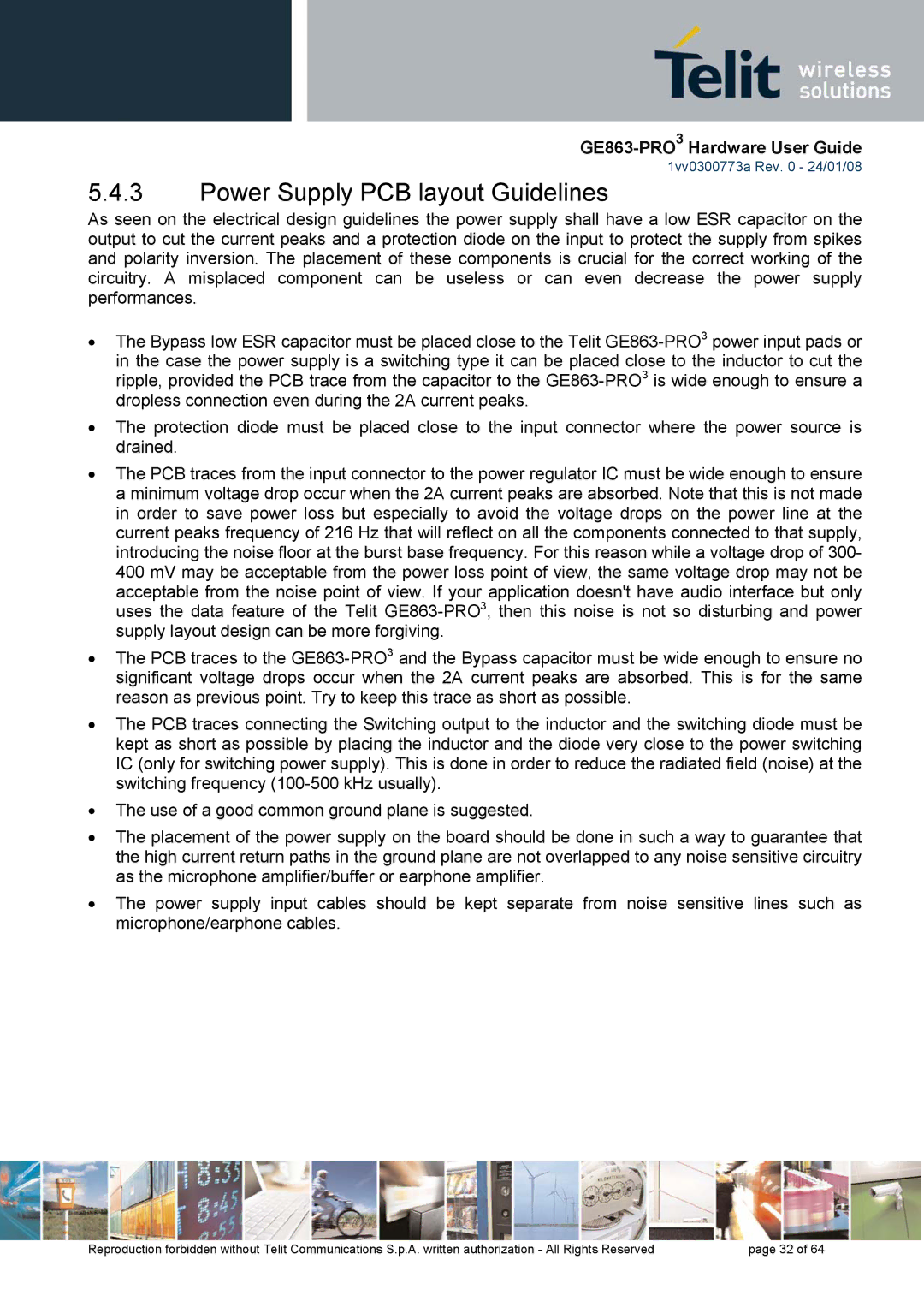 Telit Wireless Solutions 1vv0300773a manual Power Supply PCB layout Guidelines 