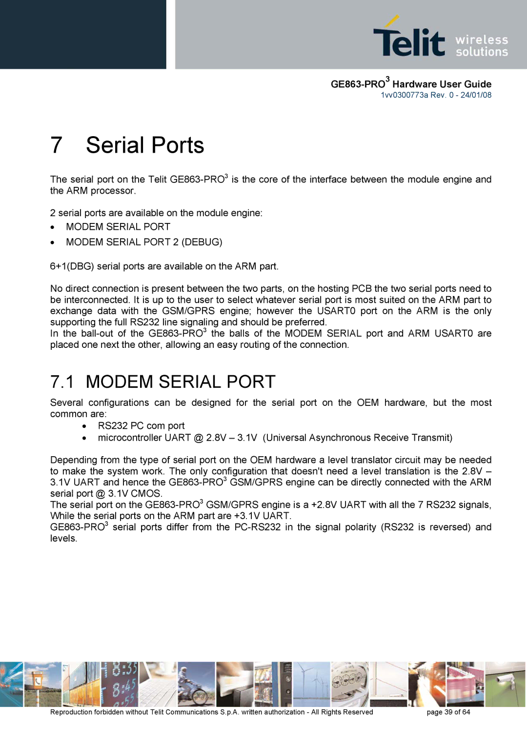 Telit Wireless Solutions 1vv0300773a manual Serial Ports, Modem Serial Port Modem Serial Port 2 Debug 