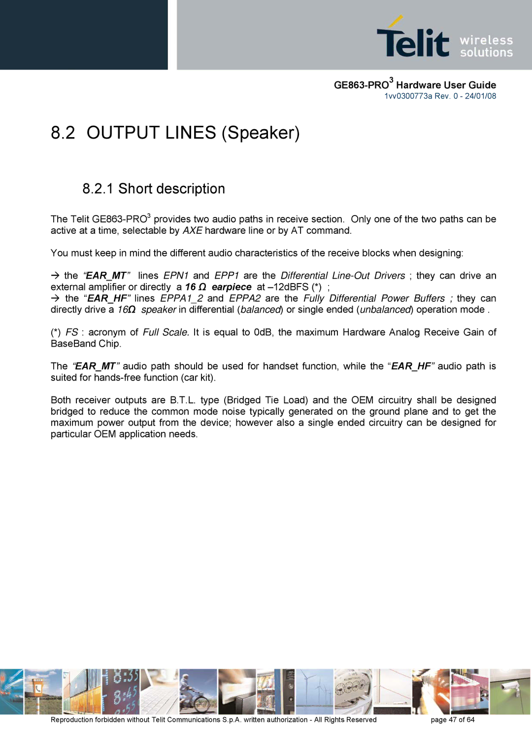 Telit Wireless Solutions 1vv0300773a manual Output Lines Speaker 