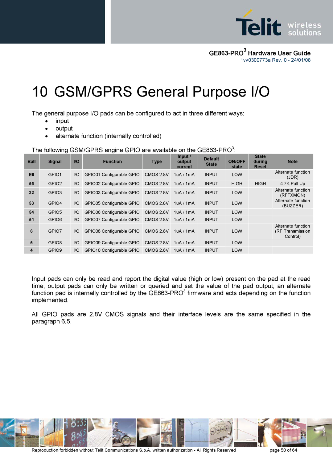 Telit Wireless Solutions 1vv0300773a manual 10 GSM/GPRS General Purpose I/O, On/Off 