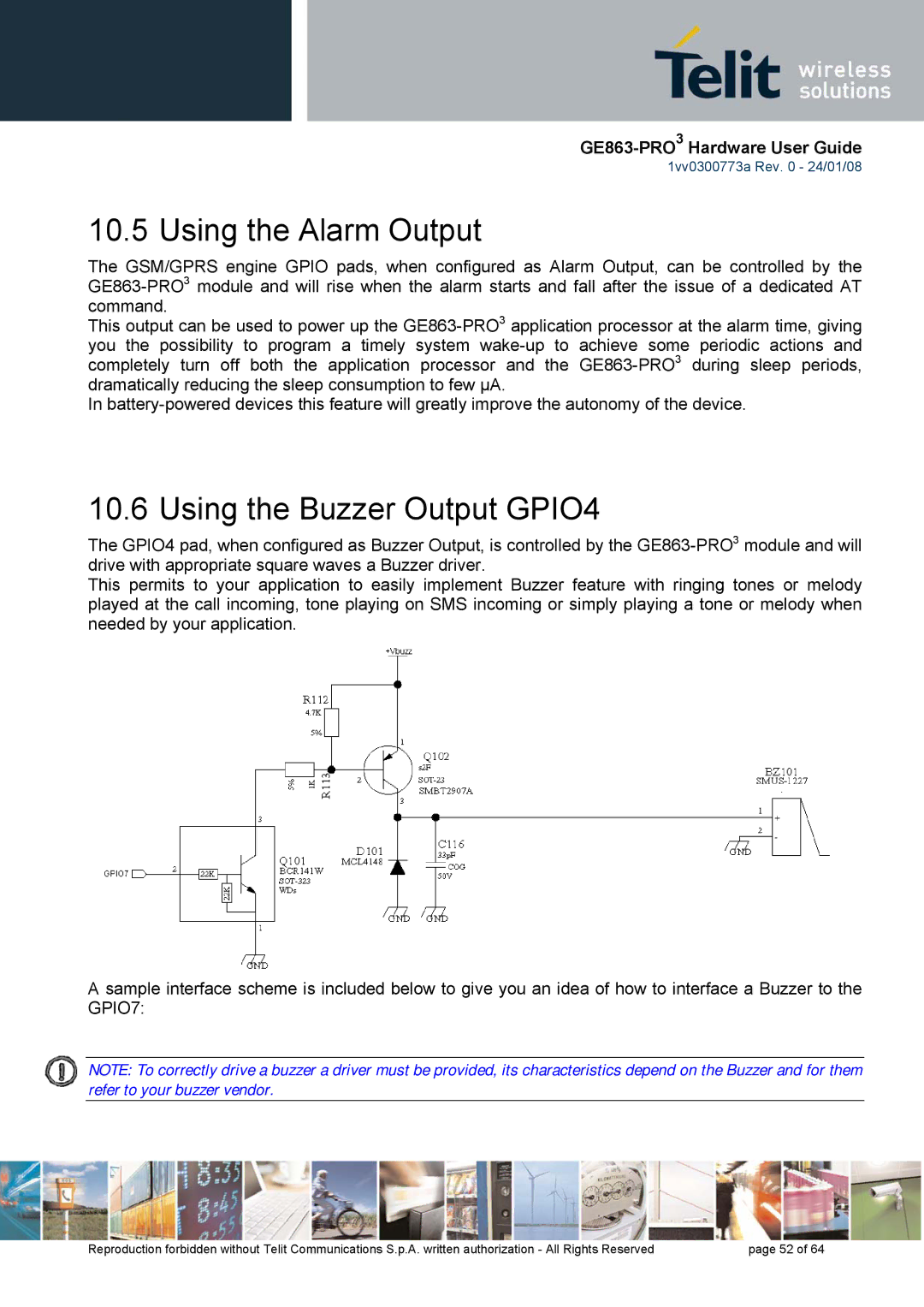 Telit Wireless Solutions 1vv0300773a manual Using the Alarm Output, Using the Buzzer Output GPIO4 