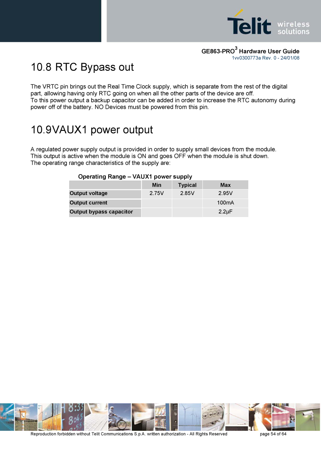 Telit Wireless Solutions 1vv0300773a manual RTC Bypass out, 10.9VAUX1 power output, Operating Range VAUX1 power supply 