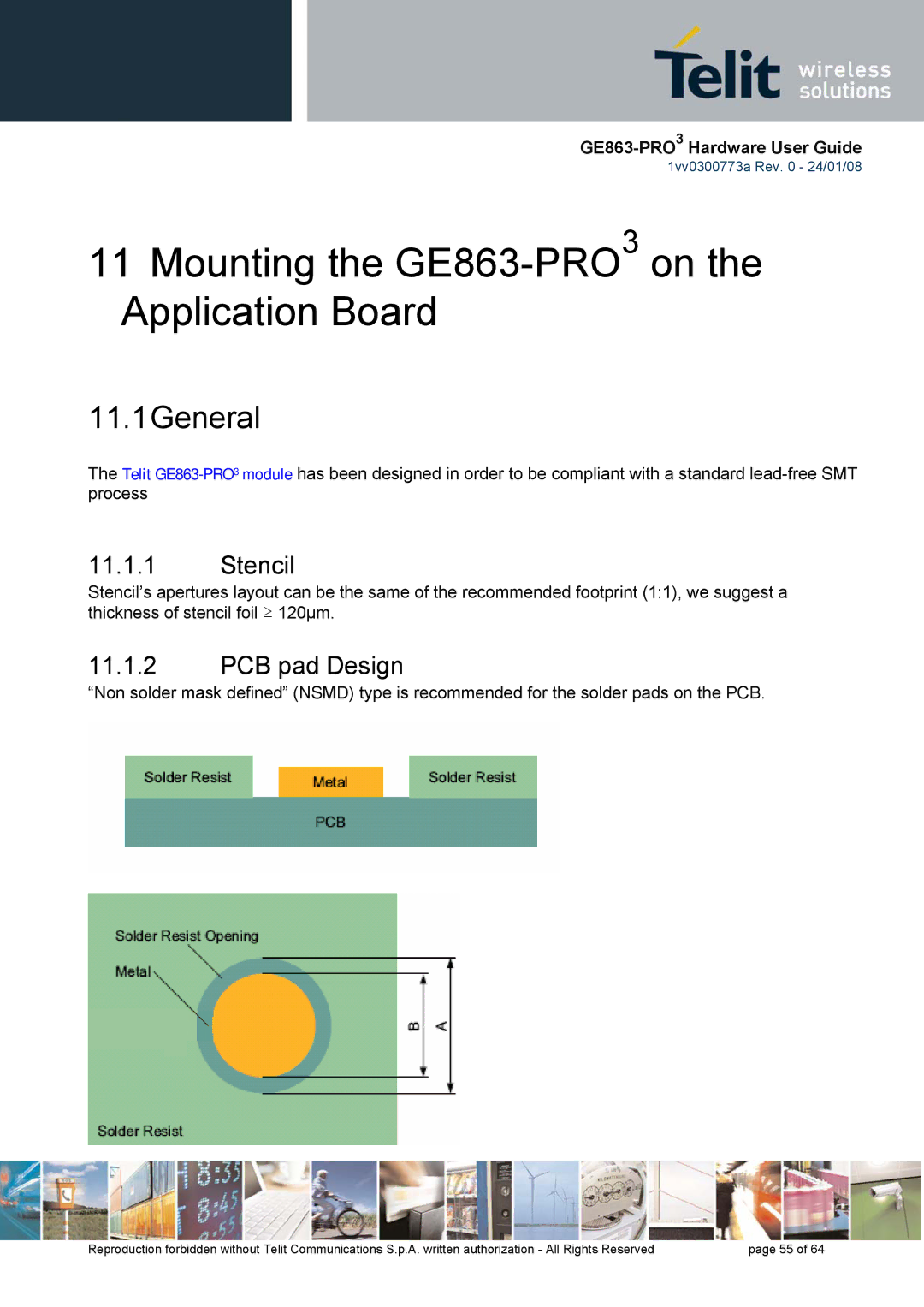 Telit Wireless Solutions 1vv0300773a Mounting the GE863-PRO3on the Application Board, 11.1General, Stencil, PCB pad Design 