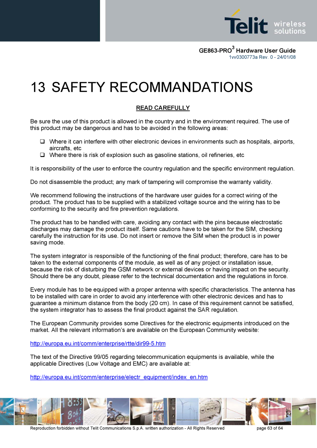 Telit Wireless Solutions 1vv0300773a manual Safety Recommandations 