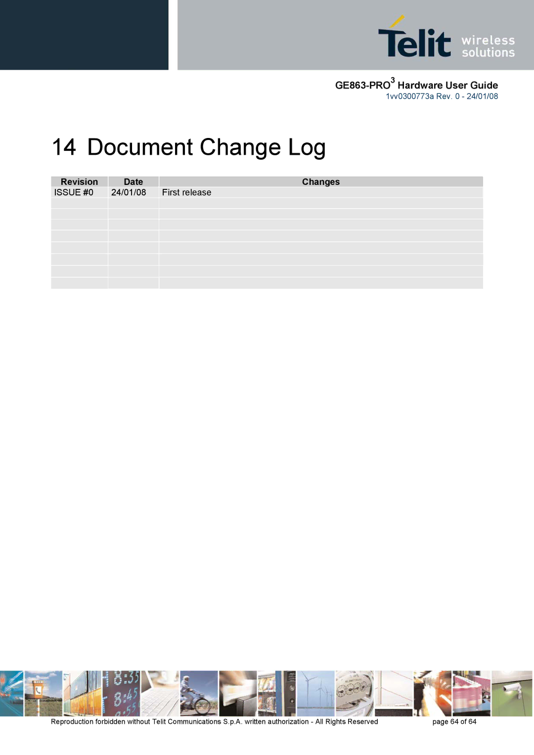 Telit Wireless Solutions 1vv0300773a manual Document Change Log, Revision Date Changes 