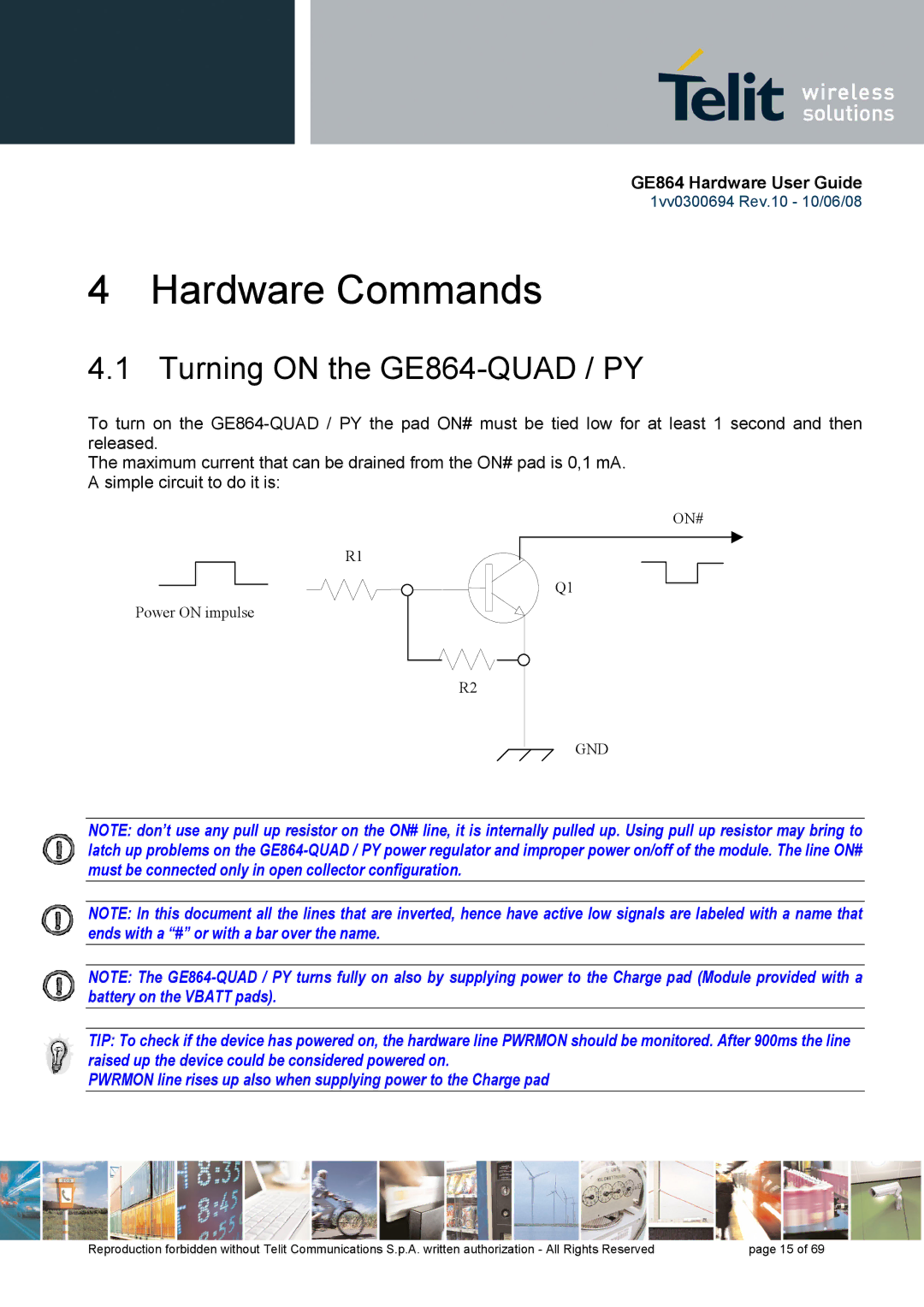 Telit Wireless Solutions manual Hardware Commands, Turning on the GE864-QUAD / PY 