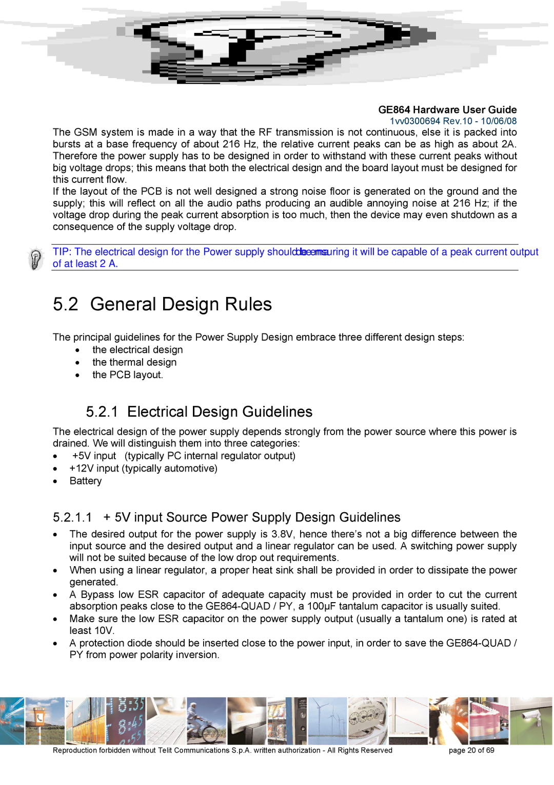 Telit Wireless Solutions GE864 manual General Design Rules, Electrical Design Guidelines 