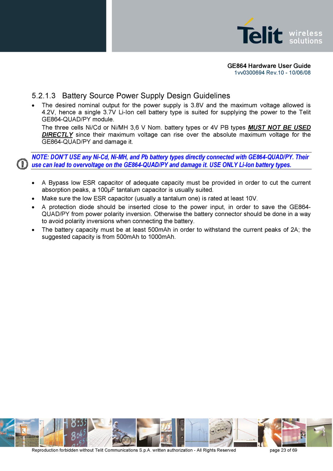 Telit Wireless Solutions GE864 manual Battery Source Power Supply Design Guidelines 