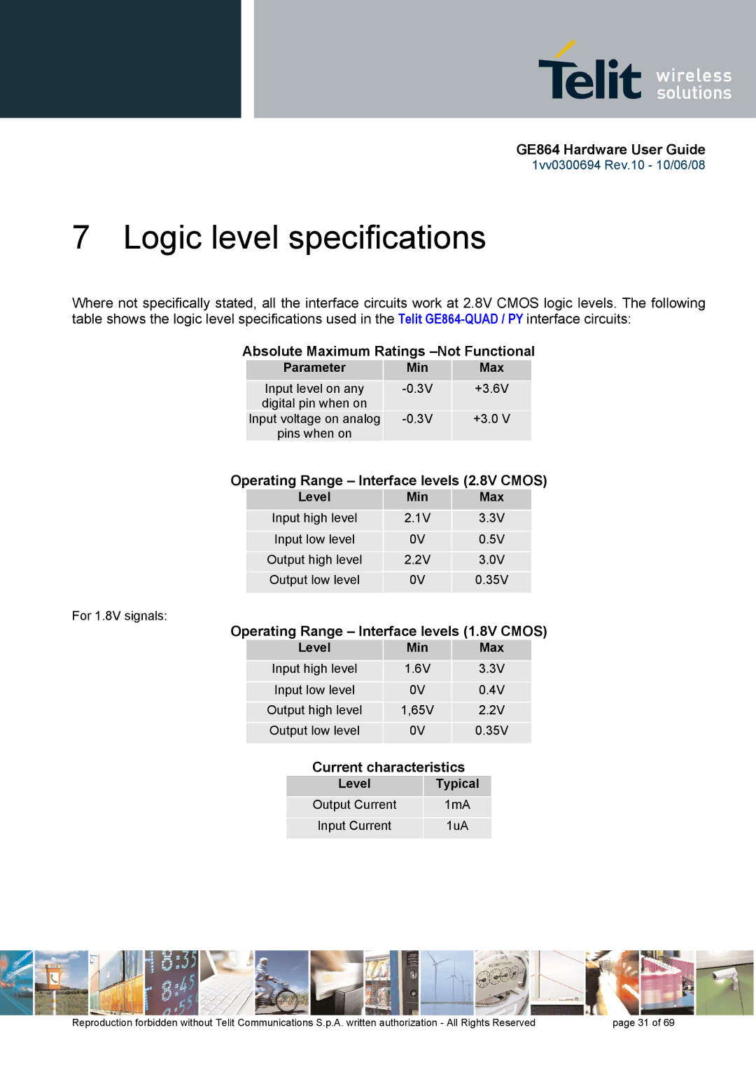 Telit Wireless Solutions GE864 manual Logic level specifications, Absolute Maximum Ratings -Not Functional 