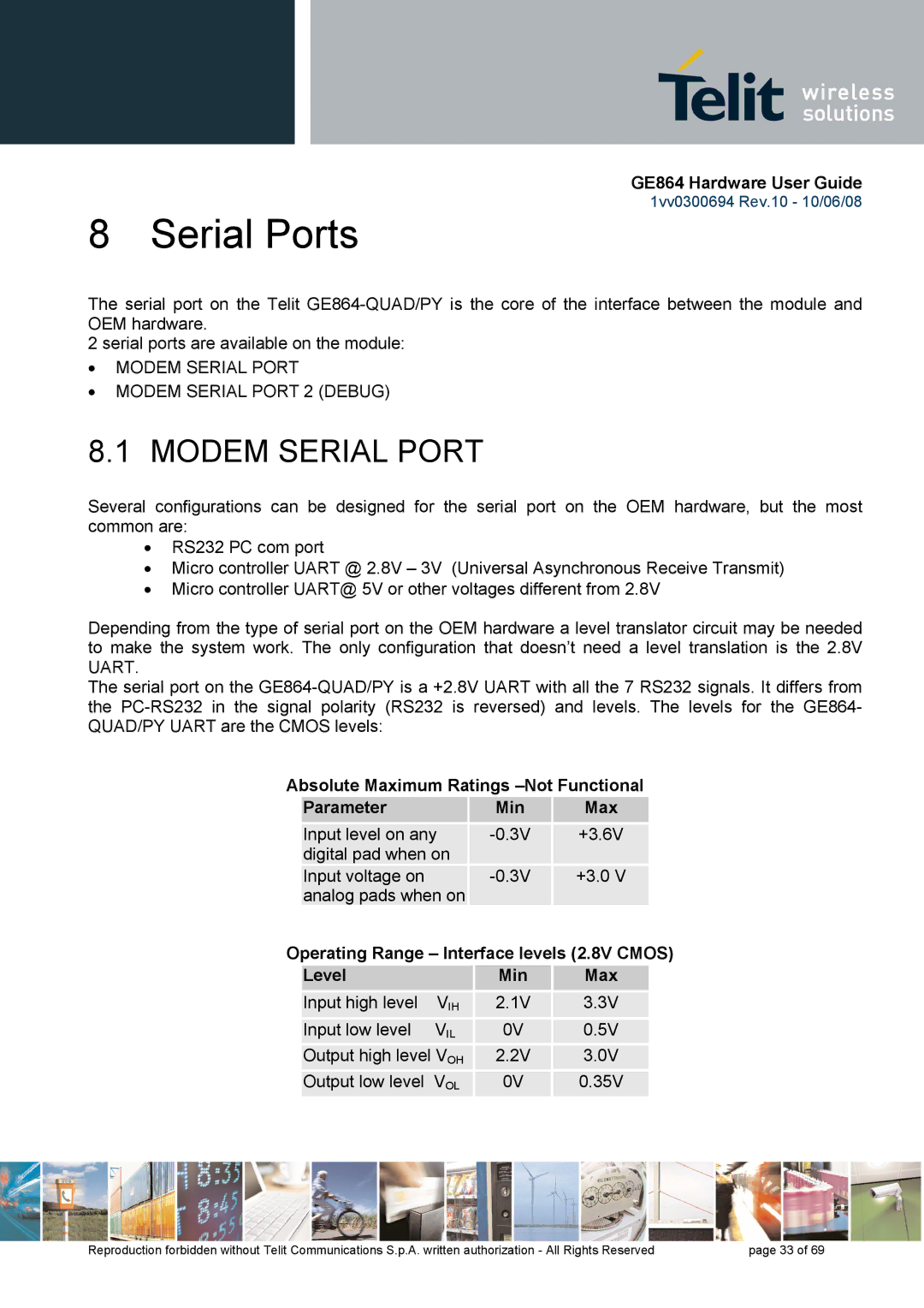 Telit Wireless Solutions GE864 manual Serial Ports, Absolute Maximum Ratings -Not Functional ParameterMin Max 