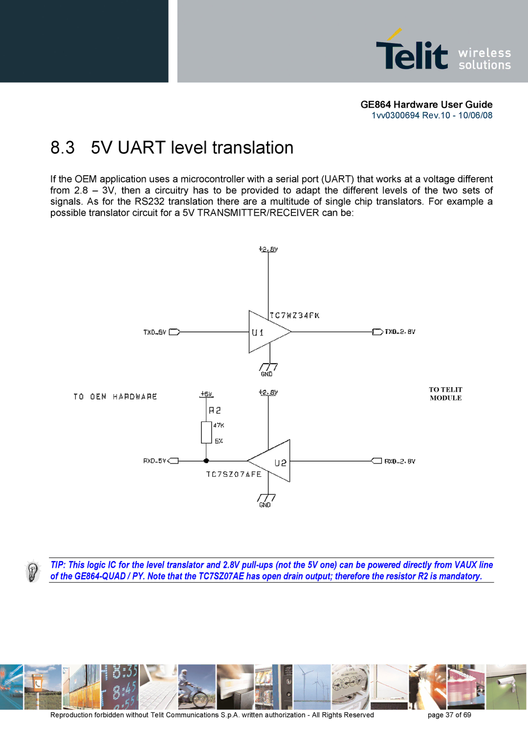 Telit Wireless Solutions GE864 manual 5V Uart level translation 