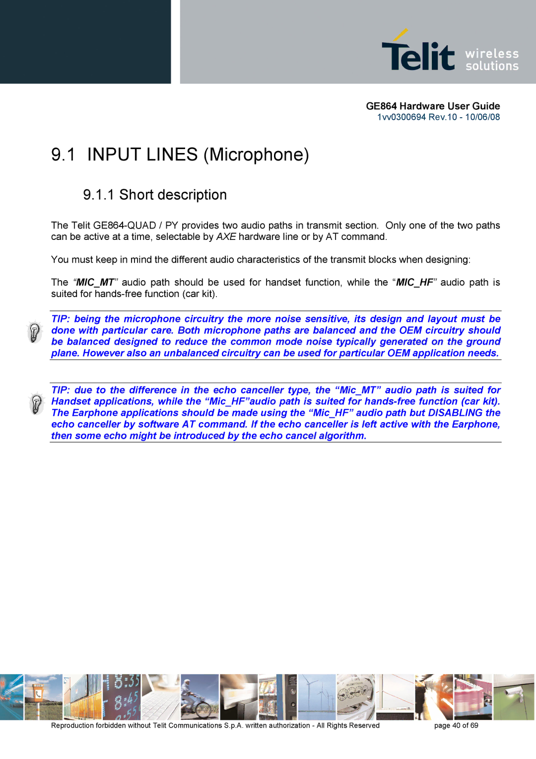 Telit Wireless Solutions GE864 manual Input Lines Microphone, Short description 