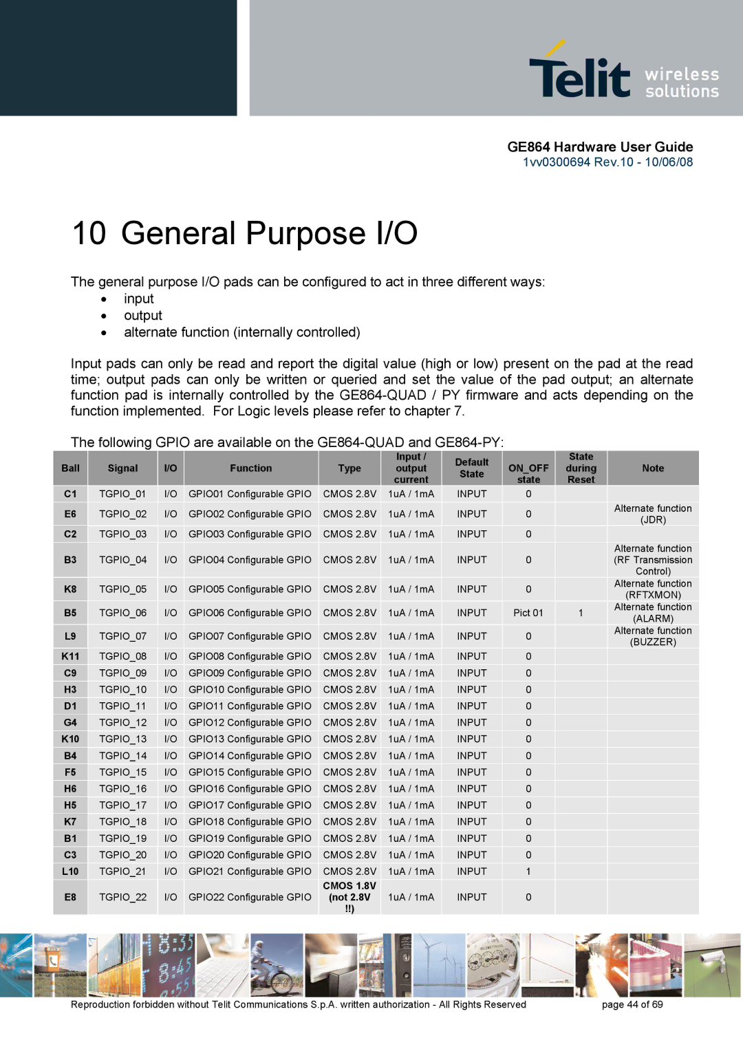 Telit Wireless Solutions GE864 manual General Purpose I/O, Onoff 