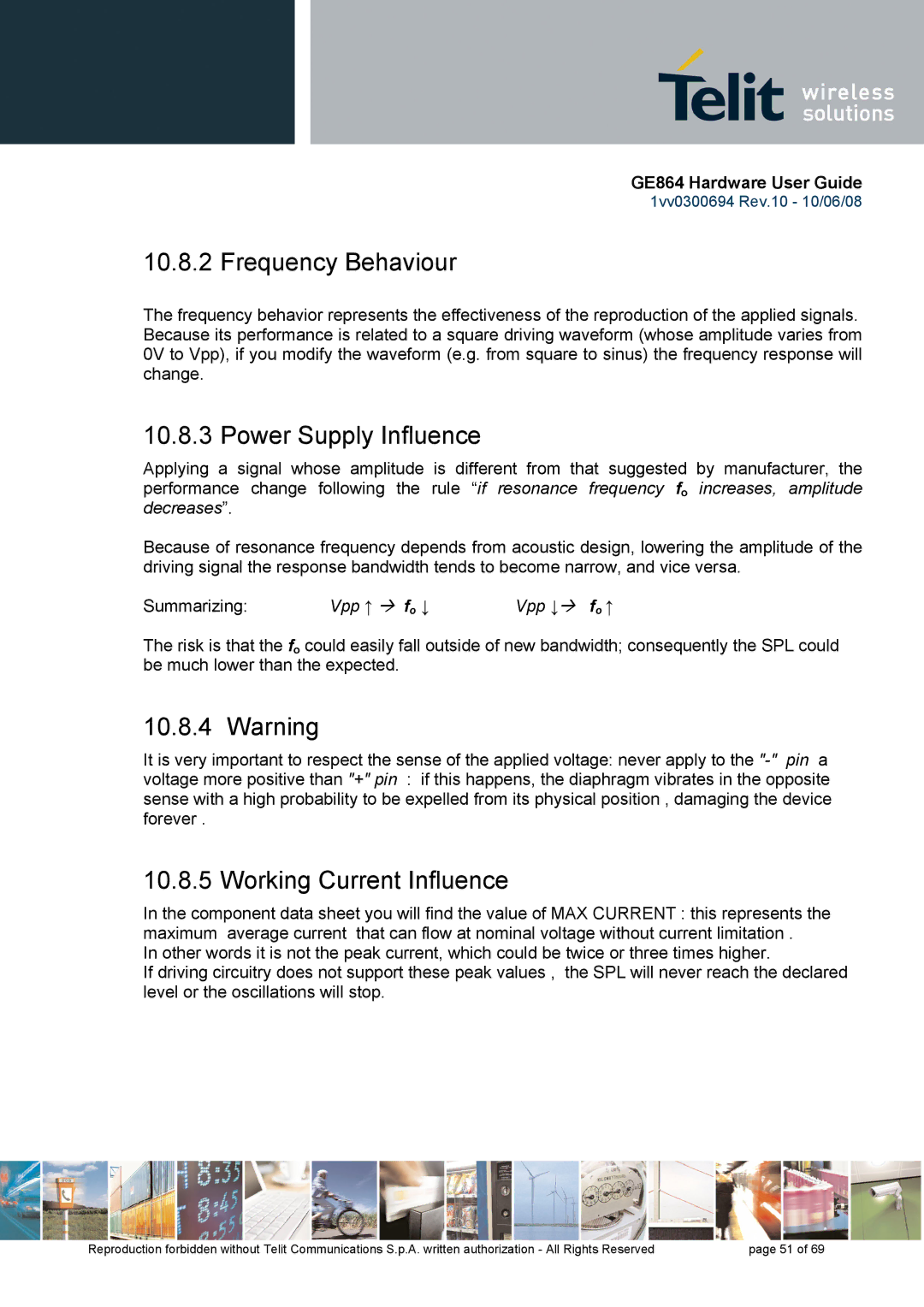 Telit Wireless Solutions GE864 manual Frequency Behaviour, Power Supply Influence, Working Current Influence 