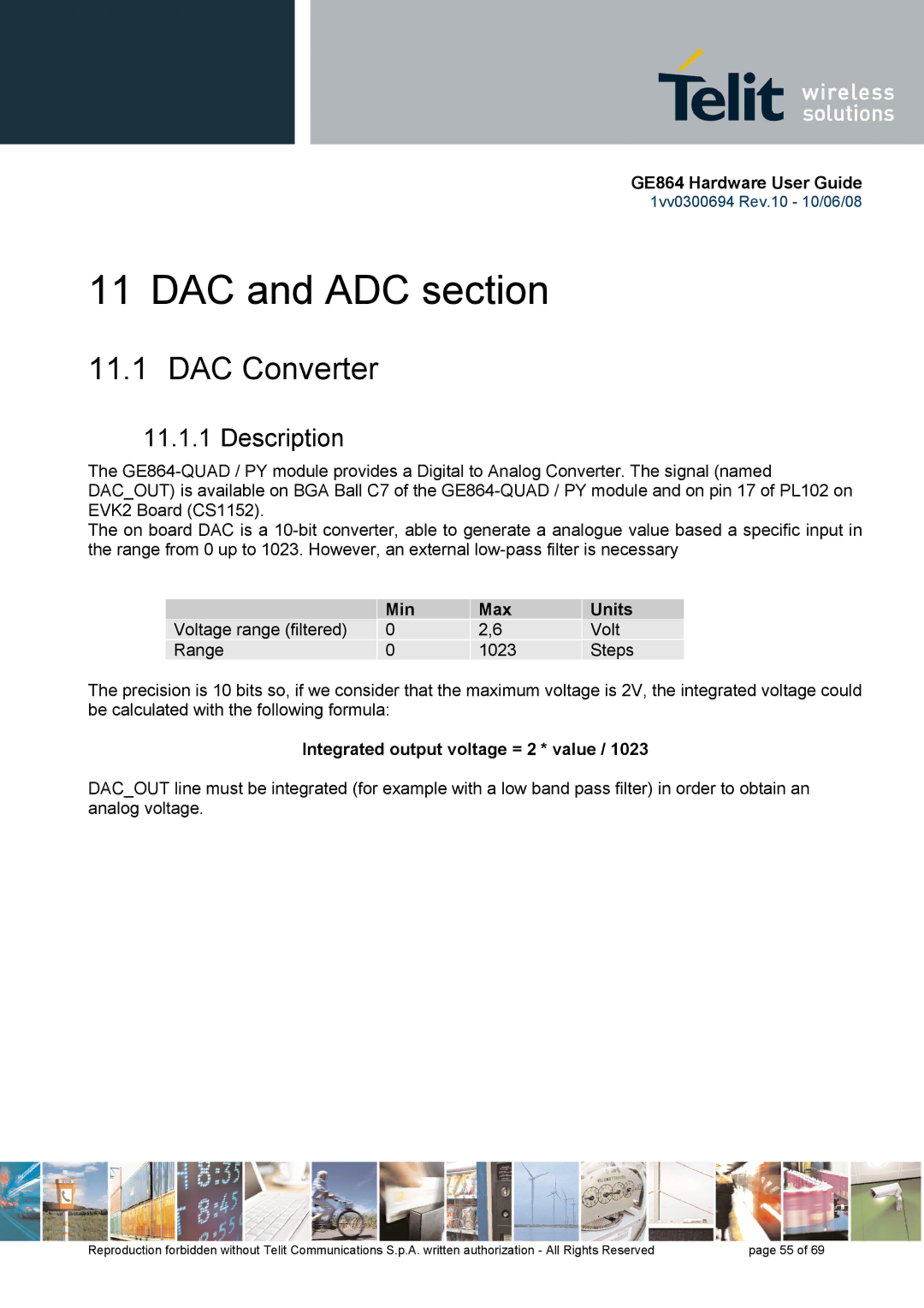 Telit Wireless Solutions GE864 manual DAC and ADC section, DAC Converter, Description, Min Max Units 