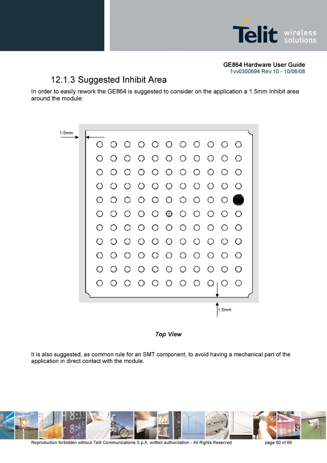 Telit Wireless Solutions GE864 manual Suggested Inhibit Area, Top View 